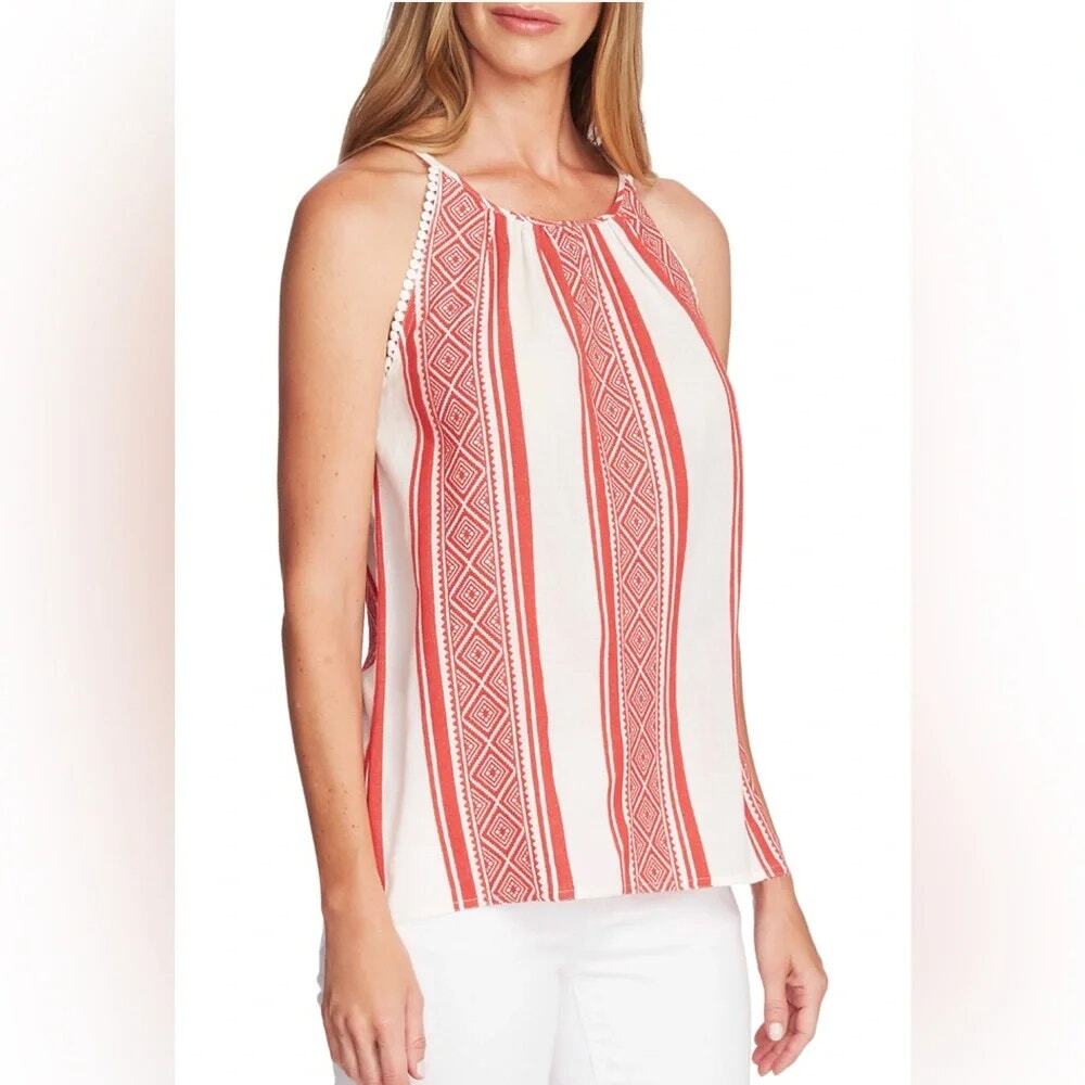 Vince Camuto Red White Geometric Cotton Halter Tank Sz XS